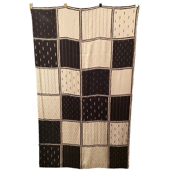 Vintage Large Silk Scarf Cream Black Gold Geometric Hand Rolled Edges 33” x 55" - Picture 2 of 9